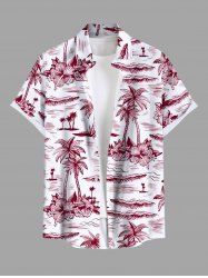 Plus Size Coconut Tree Hibiscus Flower Sea Print Hawaii Button Pocket Shirt For Men -  