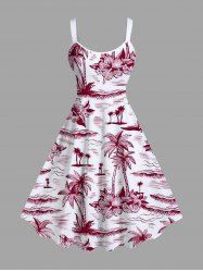 Plus Size Coconut Tree Hibiscus Flower Sea Print Hawaii A Line Tank Dress -  