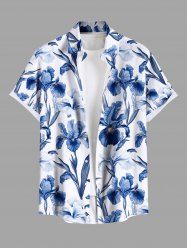 Plus Size Floral Leaves Branch Print Hawaii Button Pocket Shirt For Men -  