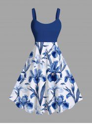 Plus Size Floral Leaves Branch Print Hawaii A Line Tank Dress -  