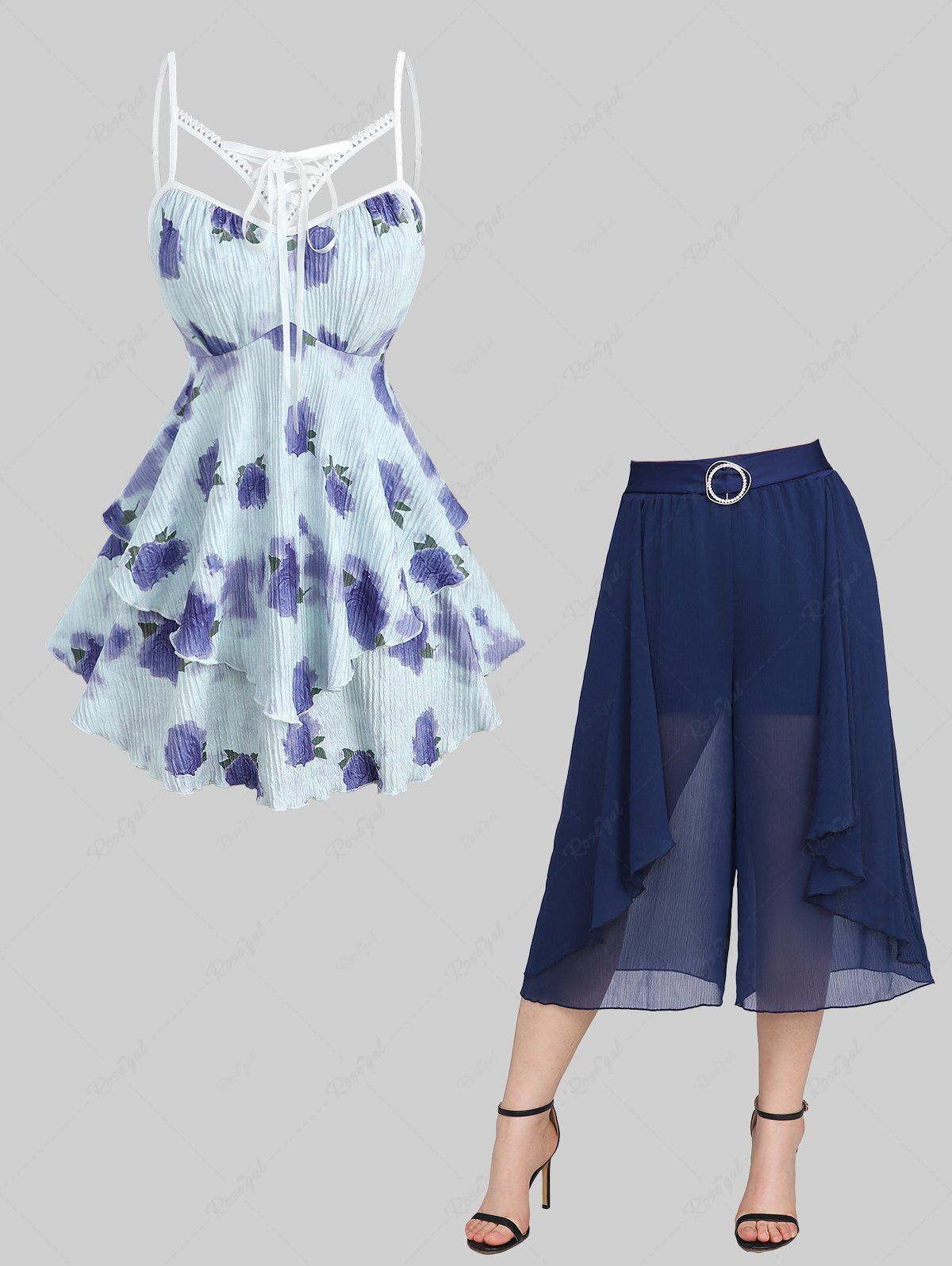 Outfit Rose Flower Tie Dye Print Lace Up Cut Out Ruffles Top and Chiffon Textured Layered Solid Culottes Pants Plus Size Outfit  