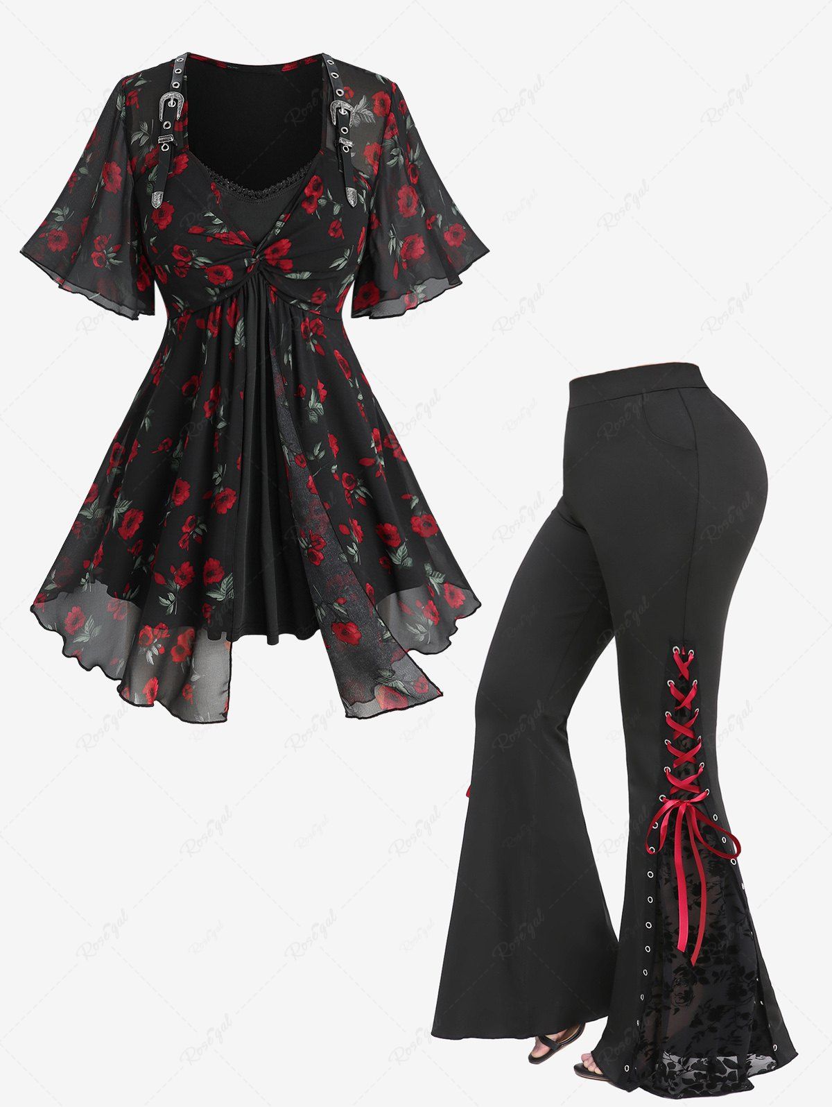 Online Flower Leaf Print Twist 2 in 1 Blouse and Lace Panel Flocking Lace-up Pockets Pull On Flare Pants Plus Size Outfit  