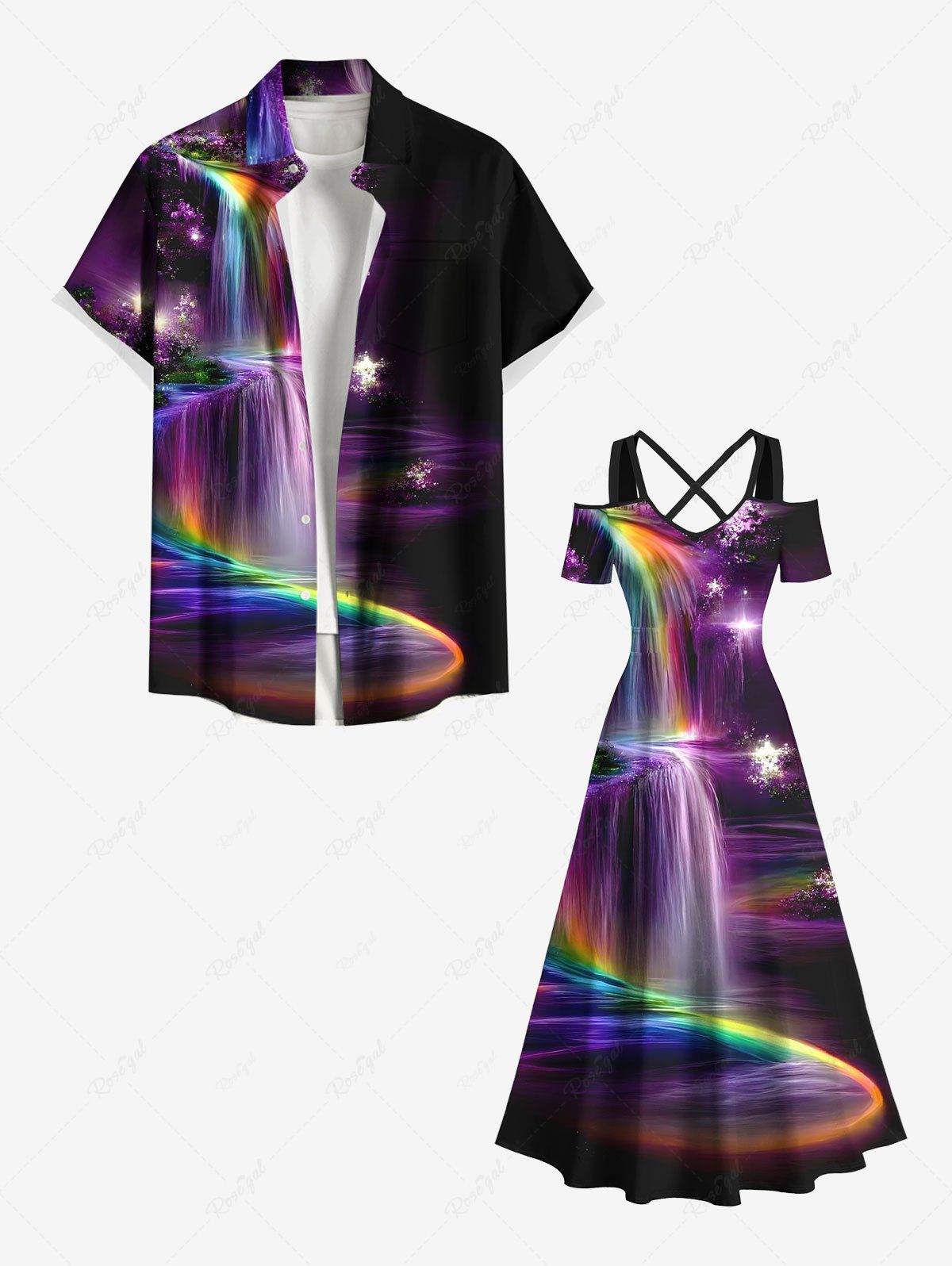 Trendy Glitter Ombre Light Beam Fall Print Plus Size Matching Hawaii Beach Outfit For Couples  