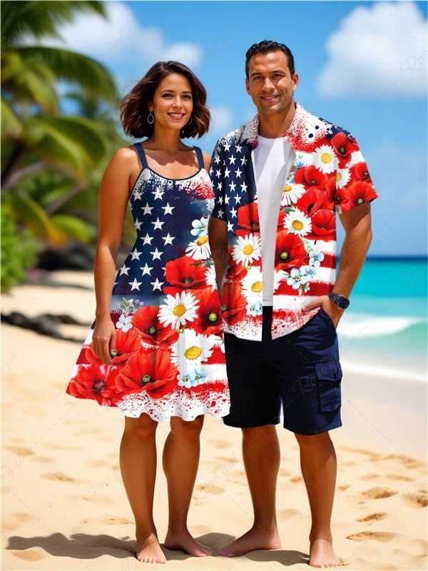 Cheap Painting Splatter Patriotic American Flag Flower Print Plus Size Matching Hawaii Beach Outfit For Couples  