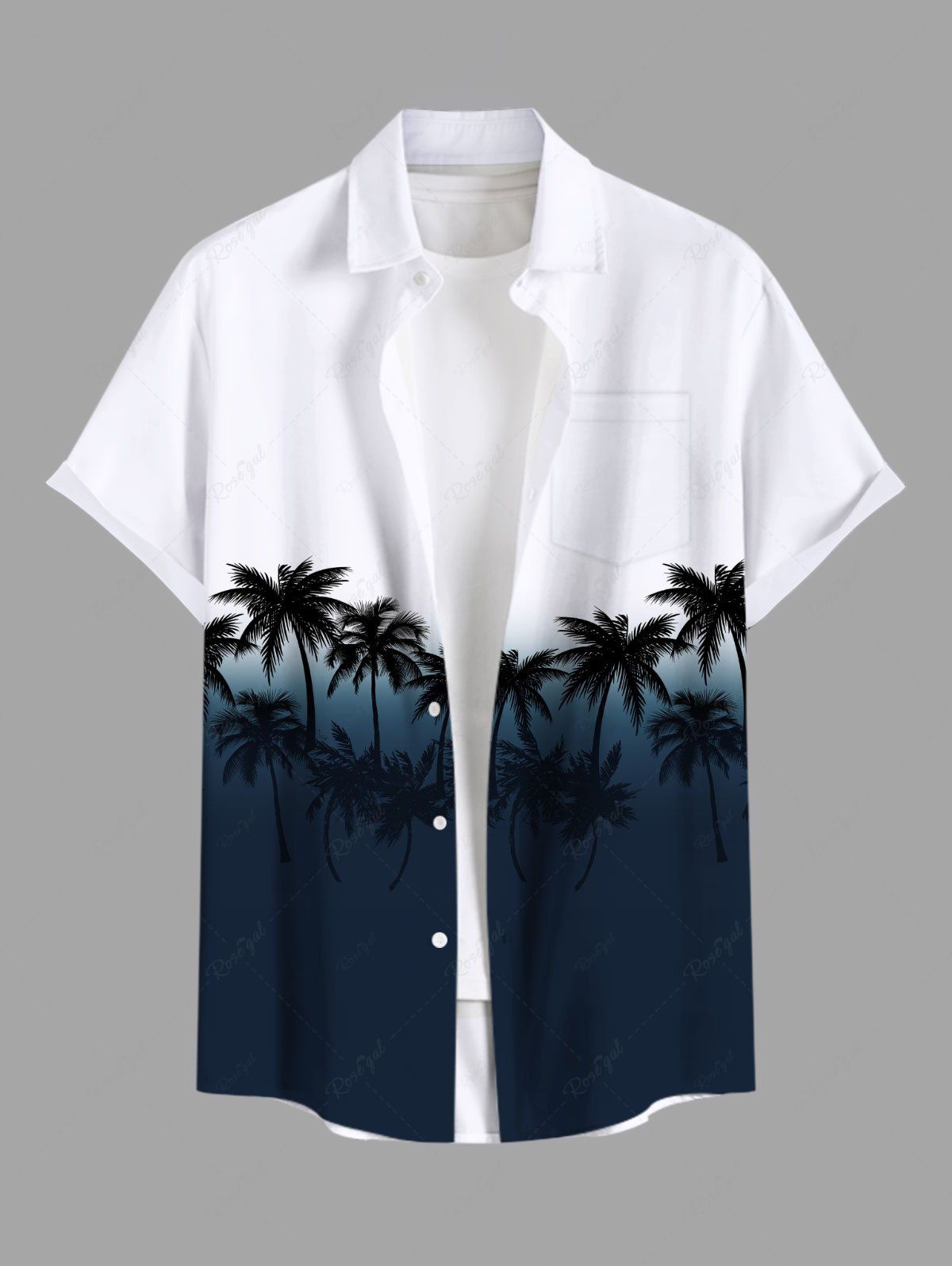 Chemise hawaïenne grande taille à imprimé cocotiers ombré et colorblock, boutons et poches, pour homme Noir 3XL