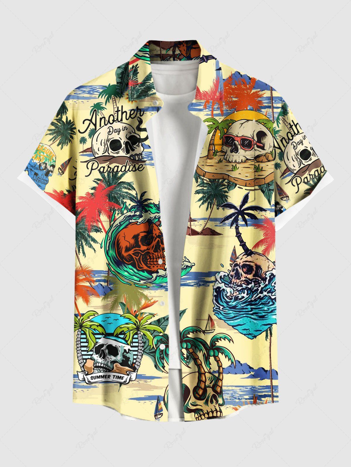Chemise hawaïenne grande taille à imprimé cocotiers, crânes, vagues et boutons avec poches pour homme Jaune clair S
