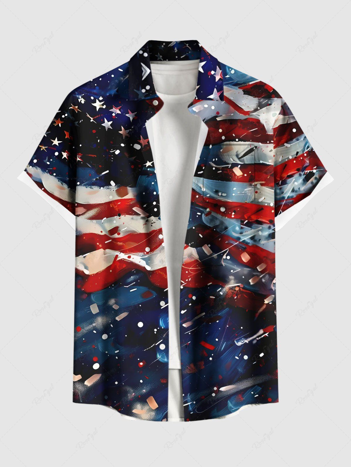 Chemise grande taille à boutons et poches, imprimé galaxie, drapeau américain patriotique, pour homme Bleu S