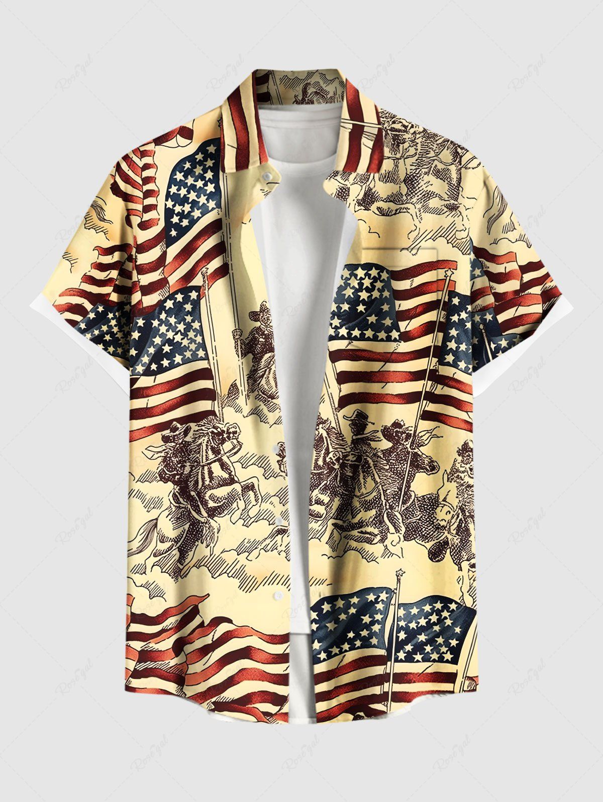 Chemise grande taille à boutons et poches pour homme, motif patriotique, motif cheval et guerrier, avec imprimé drapeau américain Jaune clair S