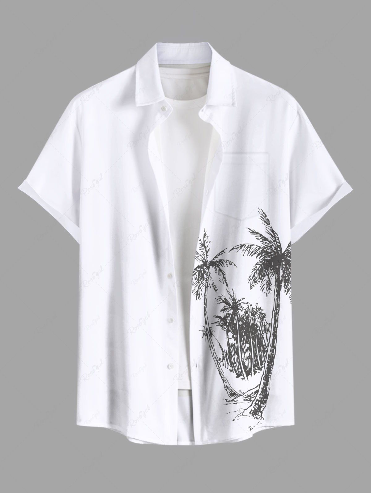 Chemise hawaïenne grande taille à imprimé cocotiers et paysage marin, avec poches et boutons, pour homme Blanc S