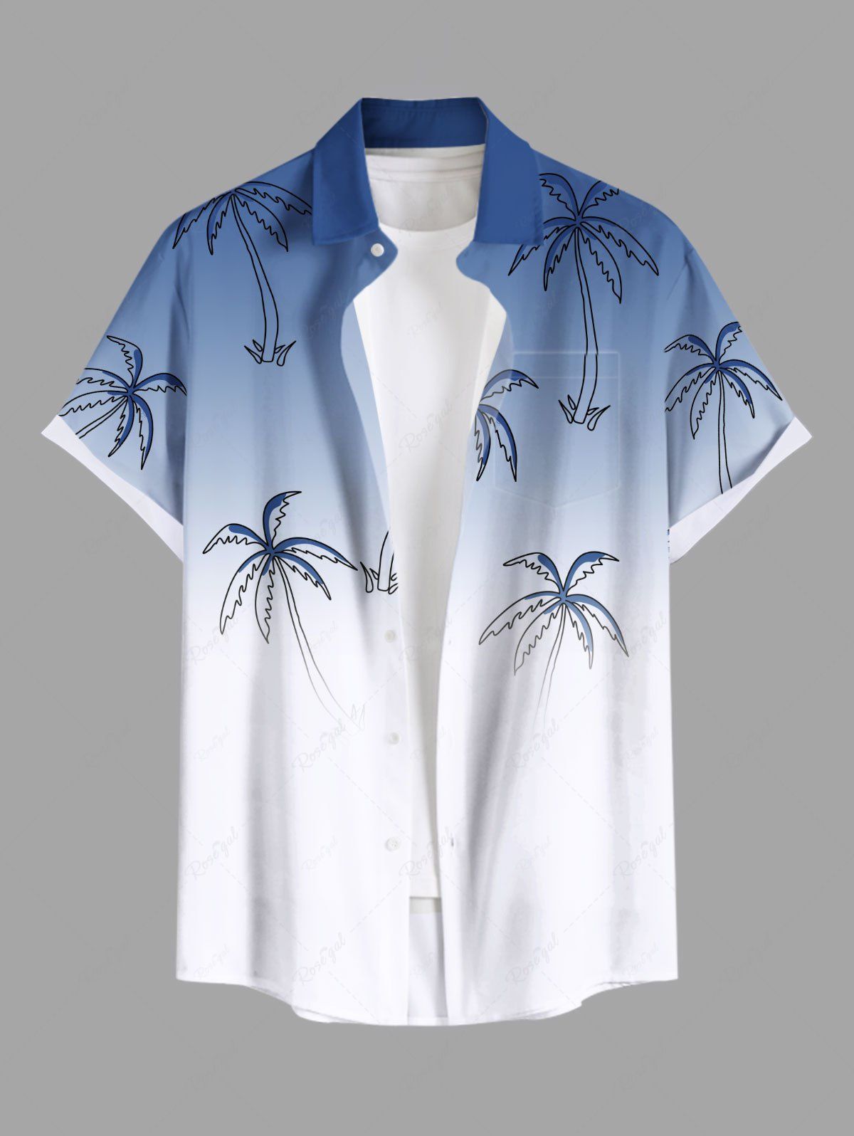 Chemise hawaïenne grande taille à imprimé cocotiers ombré et colorblock, boutons et poches, pour homme Bleu XL