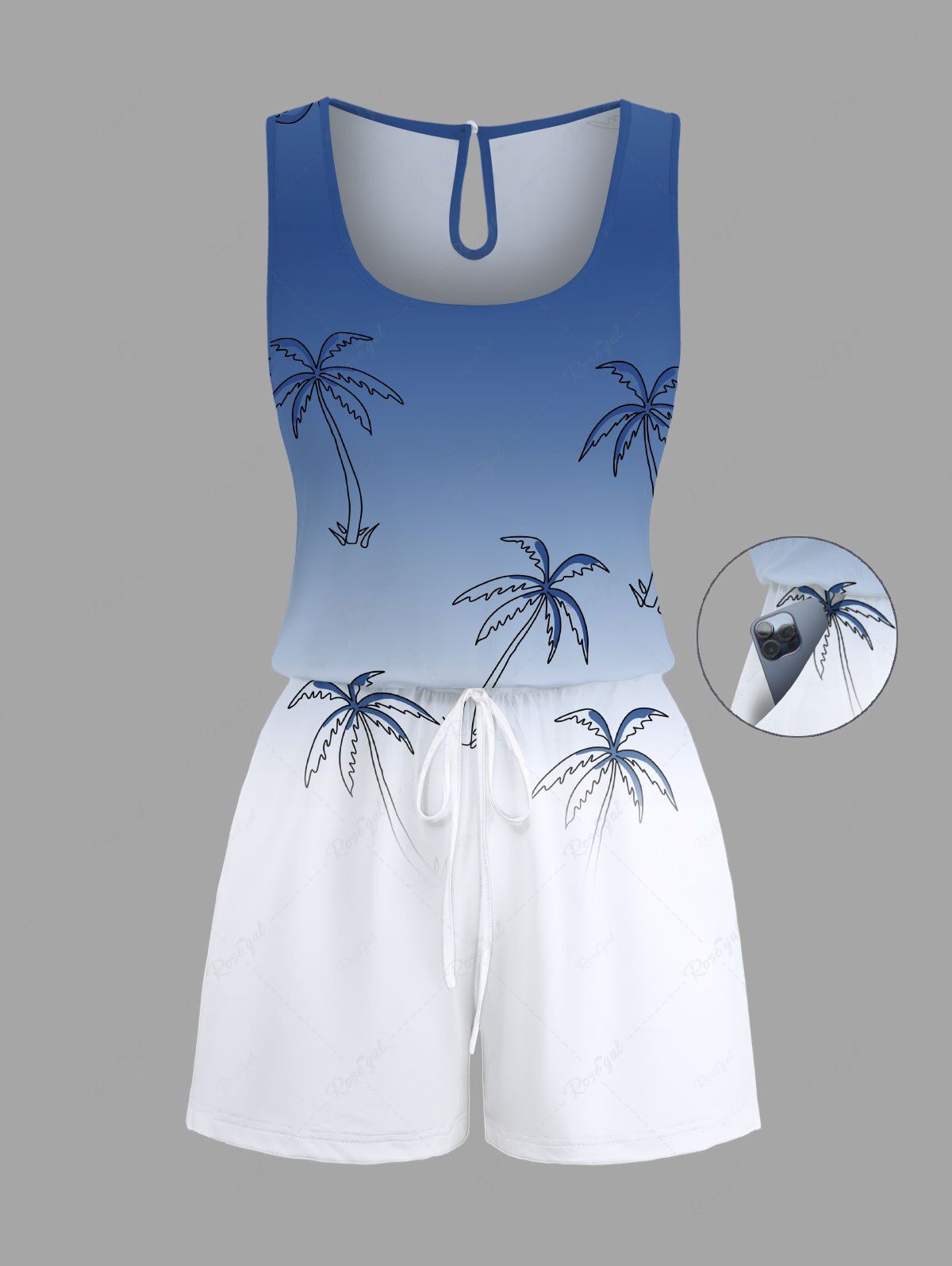 Combinaison hawaïenne cintrée grande taille à imprimé cocotiers ombré colorblock Bleu 6X