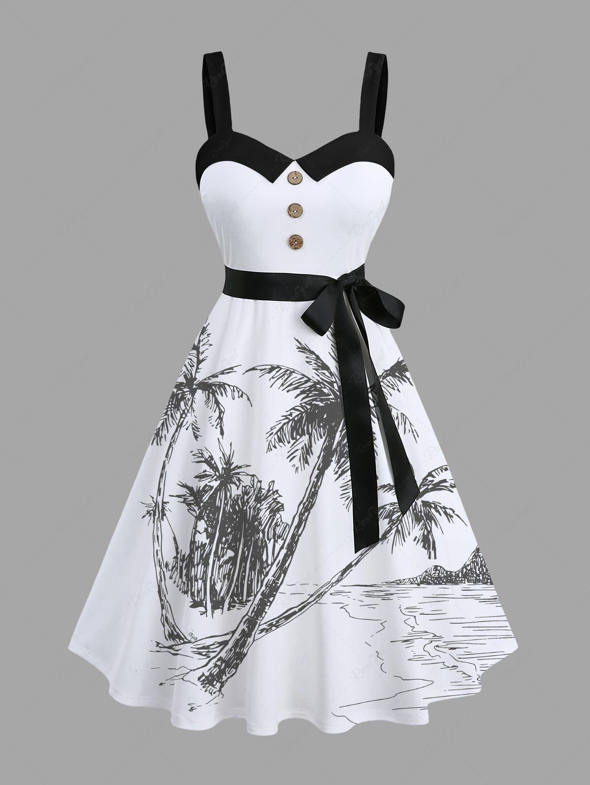 Unique Plus Size Coconut Tree Seascape Print Buttons Turn Down Collar Hawaii Dress With Belt  