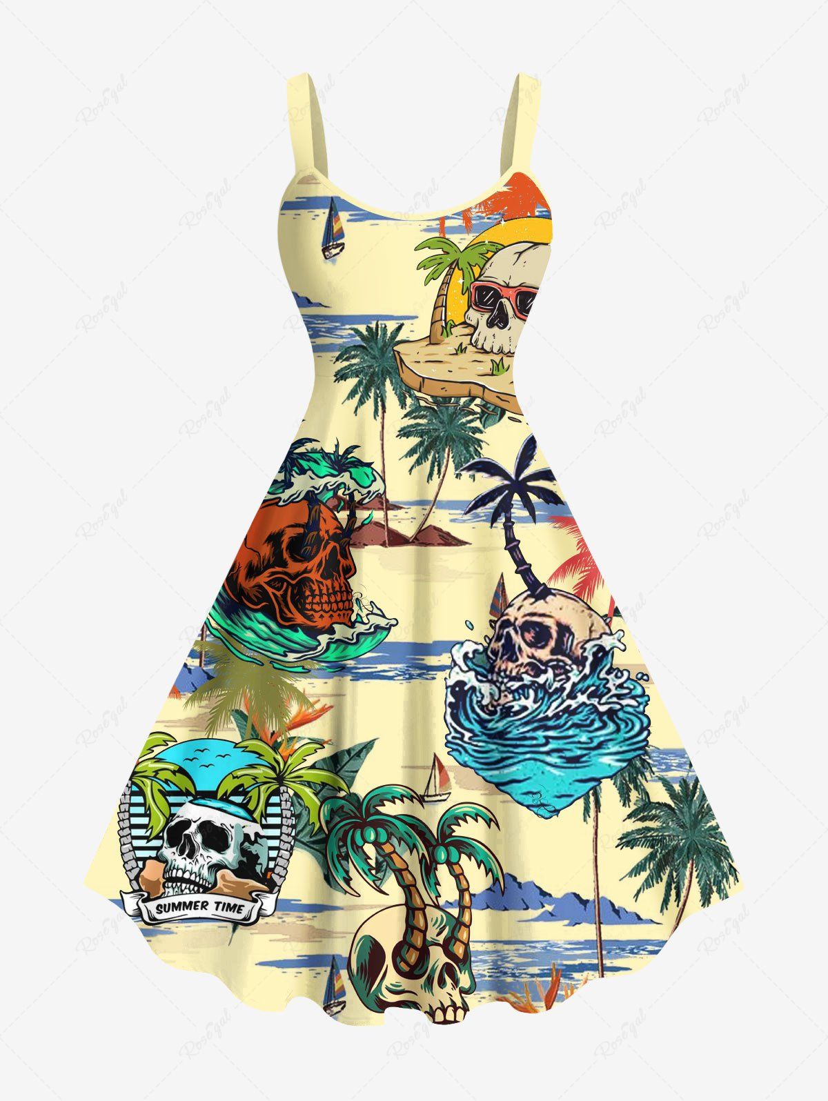 Robe débardeur hawaïenne grande taille à imprimé cocotiers, crânes et vagues Beige XXS