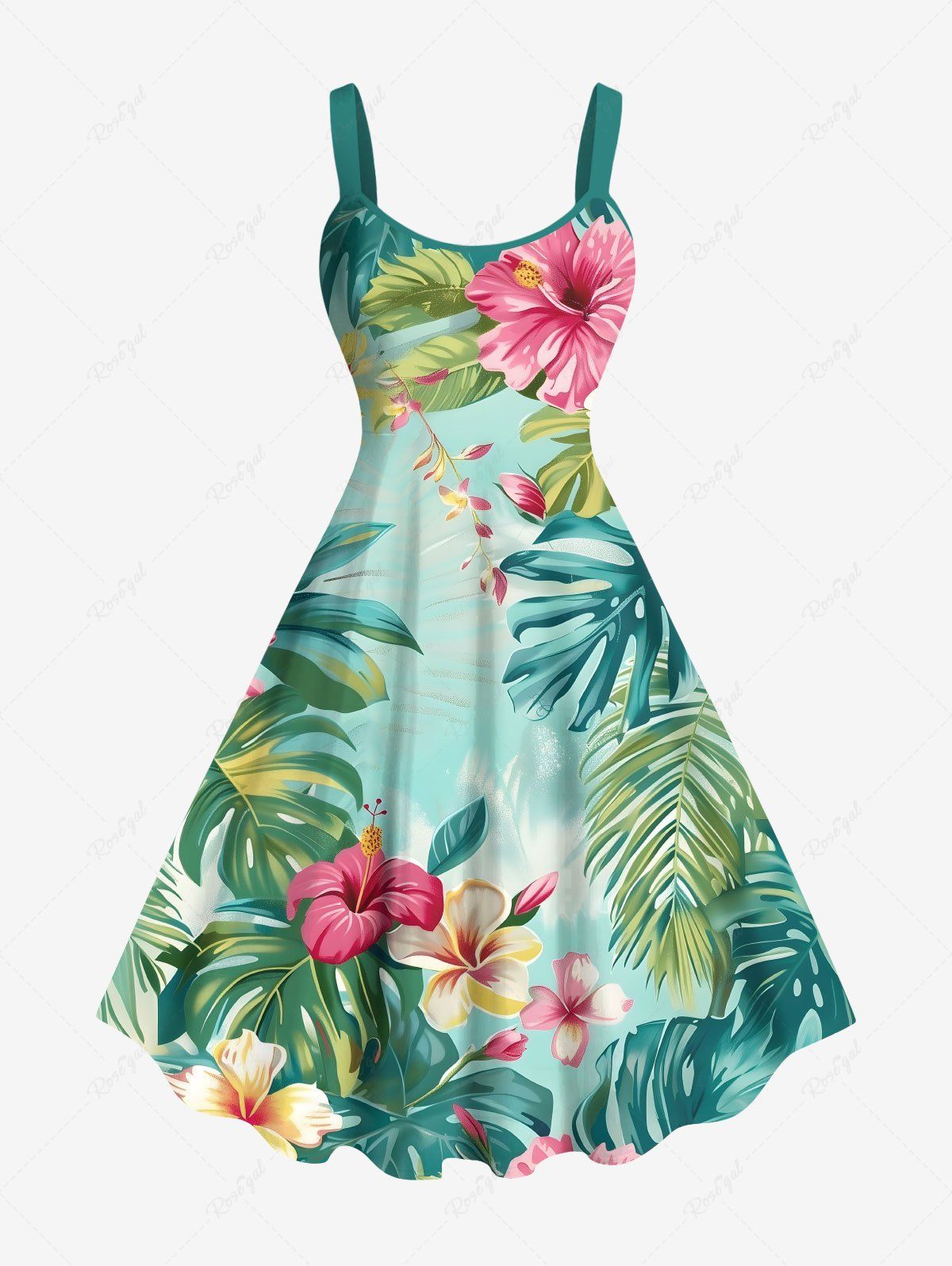 Shop Plus Size Tropical Leaf Hibiscus Flowers Print Hawaii Tank Dress  