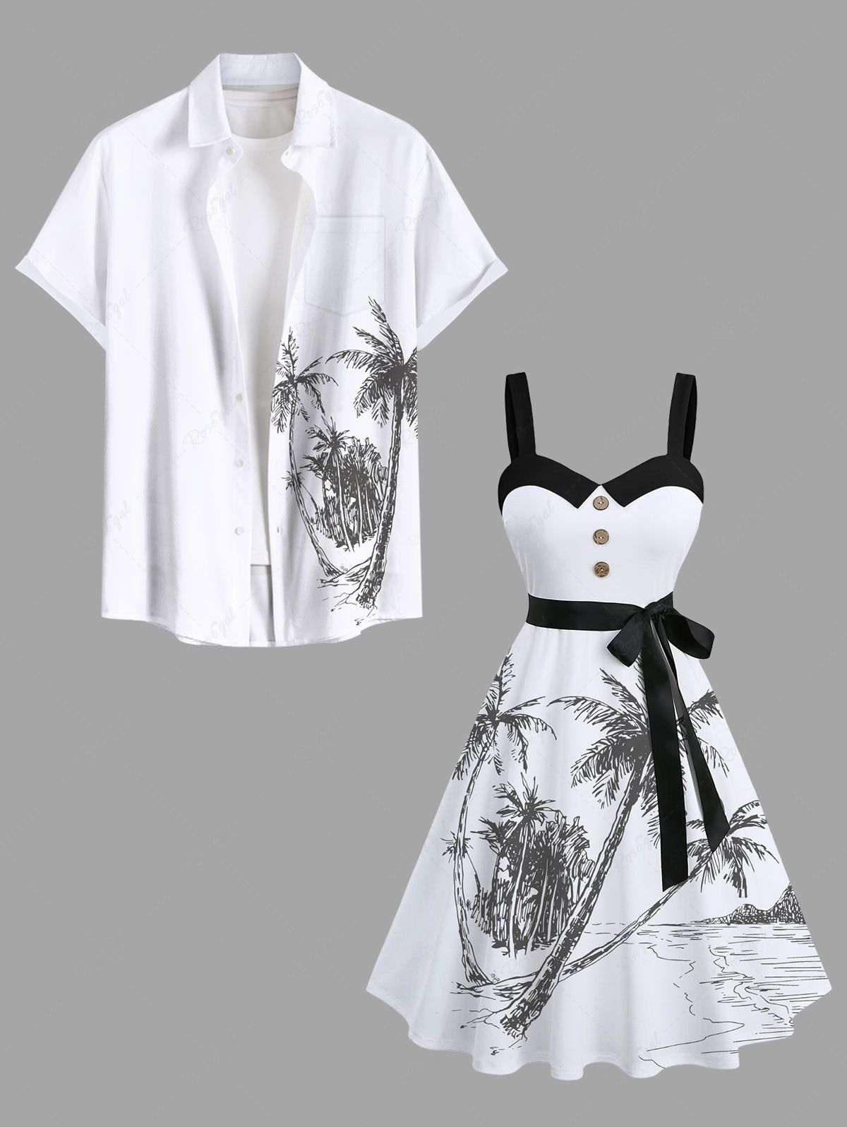 Tenue de plage hawaïenne assortie grande taille à imprimé paysage marin de cocotiers pour couples Blanc 