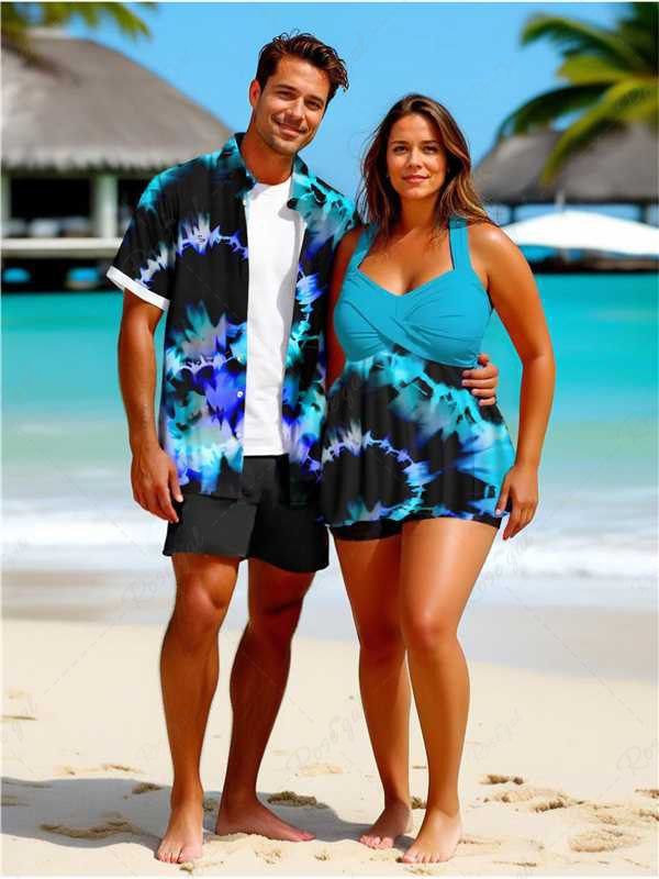 Maillot de bain imprimé tie-dye ombré en spirale, grande taille, tenue de plage hawaïenne assortie pour couples Bleu Ciel 