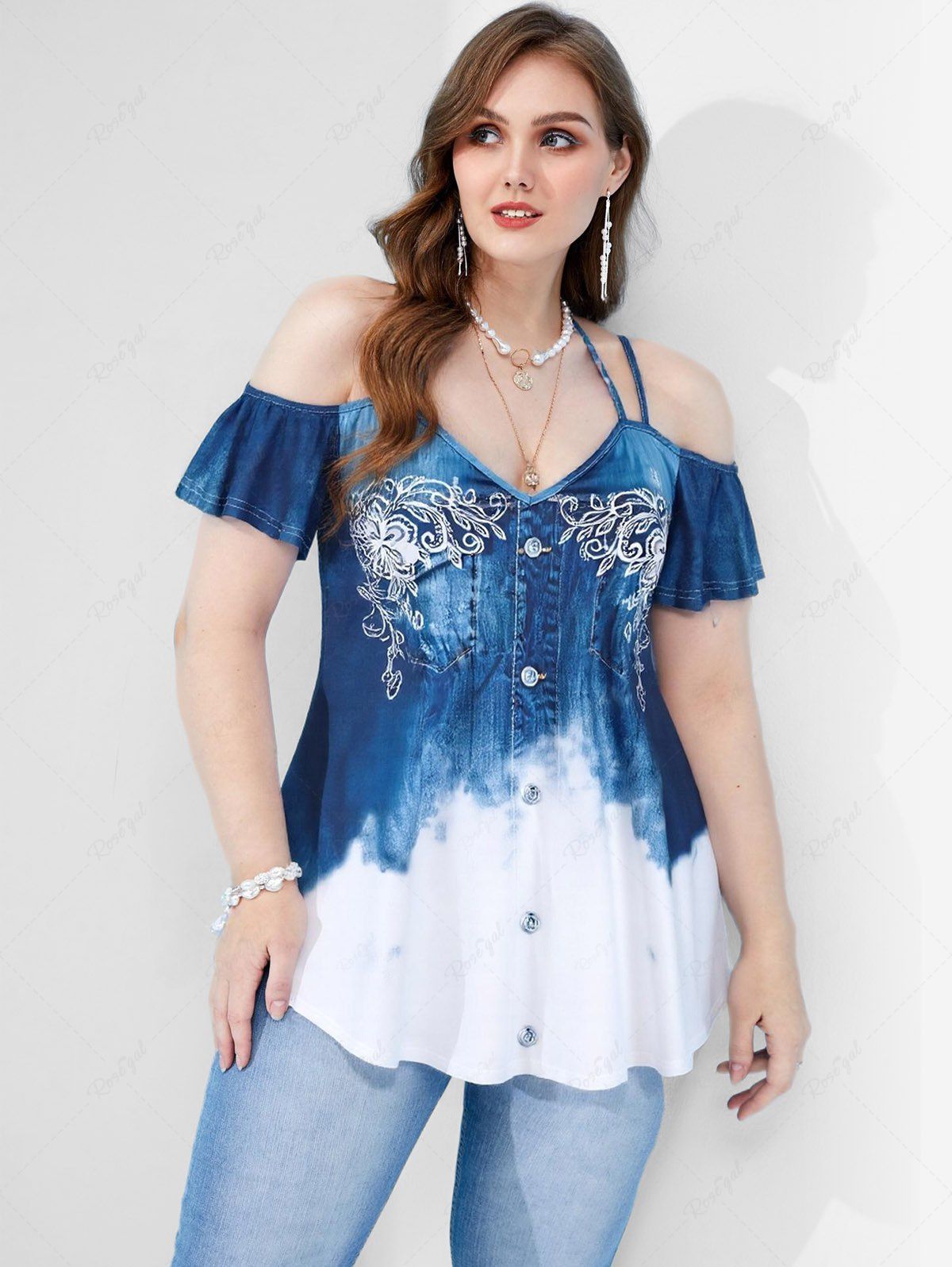 T-shirt à Imprimé 3D Denim à Epaule Dénudée de Grande Taille Bleu profond 5x | US 30-32