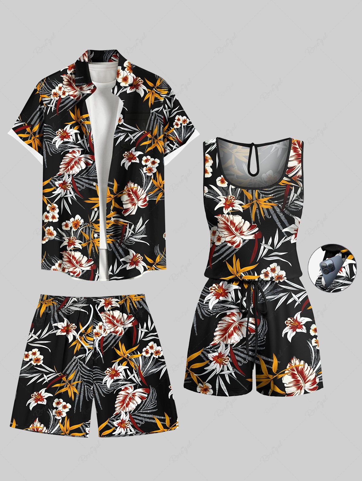 Ensemble chemise hawaïenne, short et barboteuse assortis, grande taille, tenue de plage à imprimé feuilles tropicales et fleurs pour couples Noir 