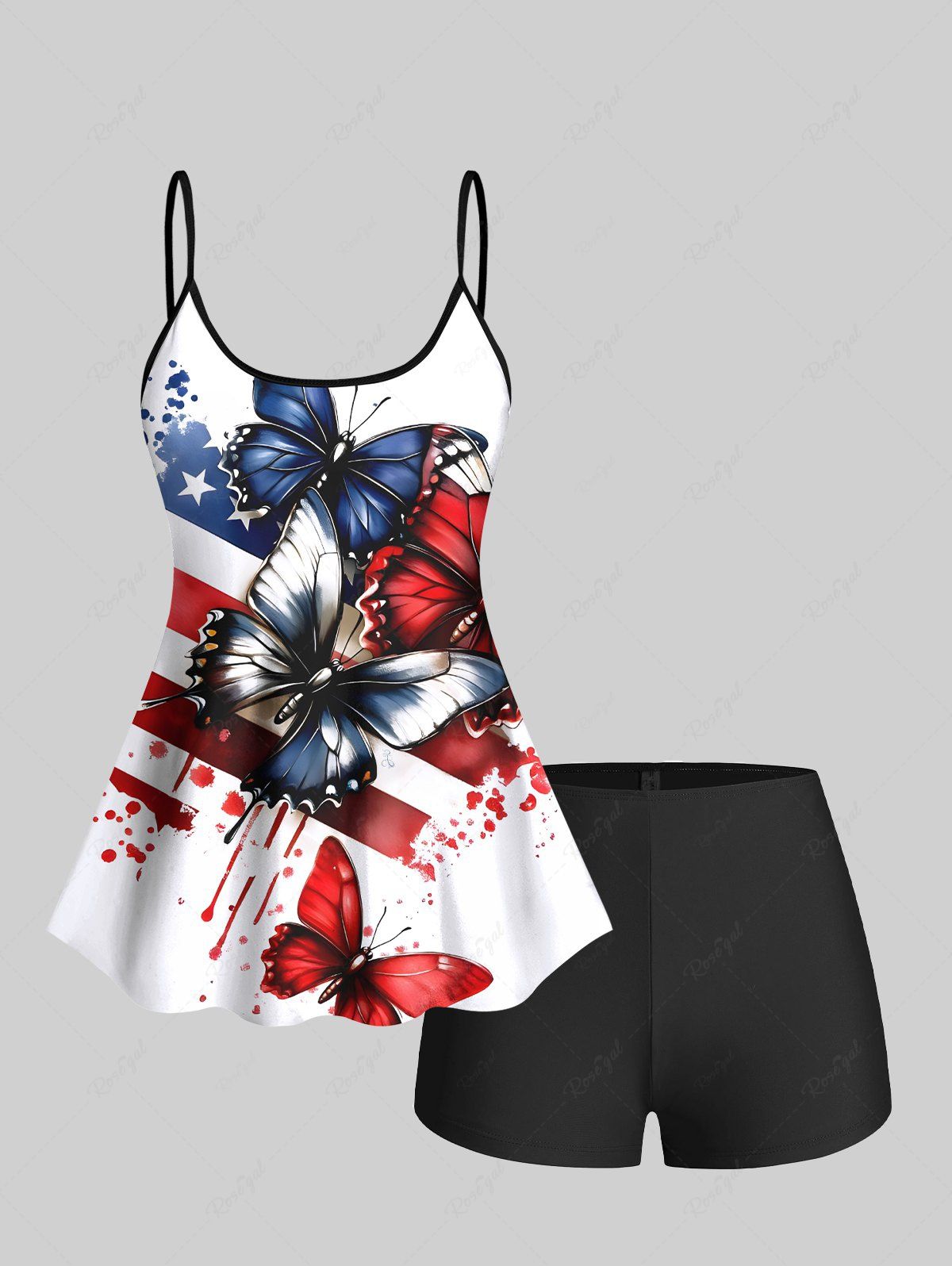 Ensemble haut de tankini et bas de bain grande taille assortis avec imprimé papillon et drapeau américain patriotique à éclaboussures de peinture hawaïenne Blanc 