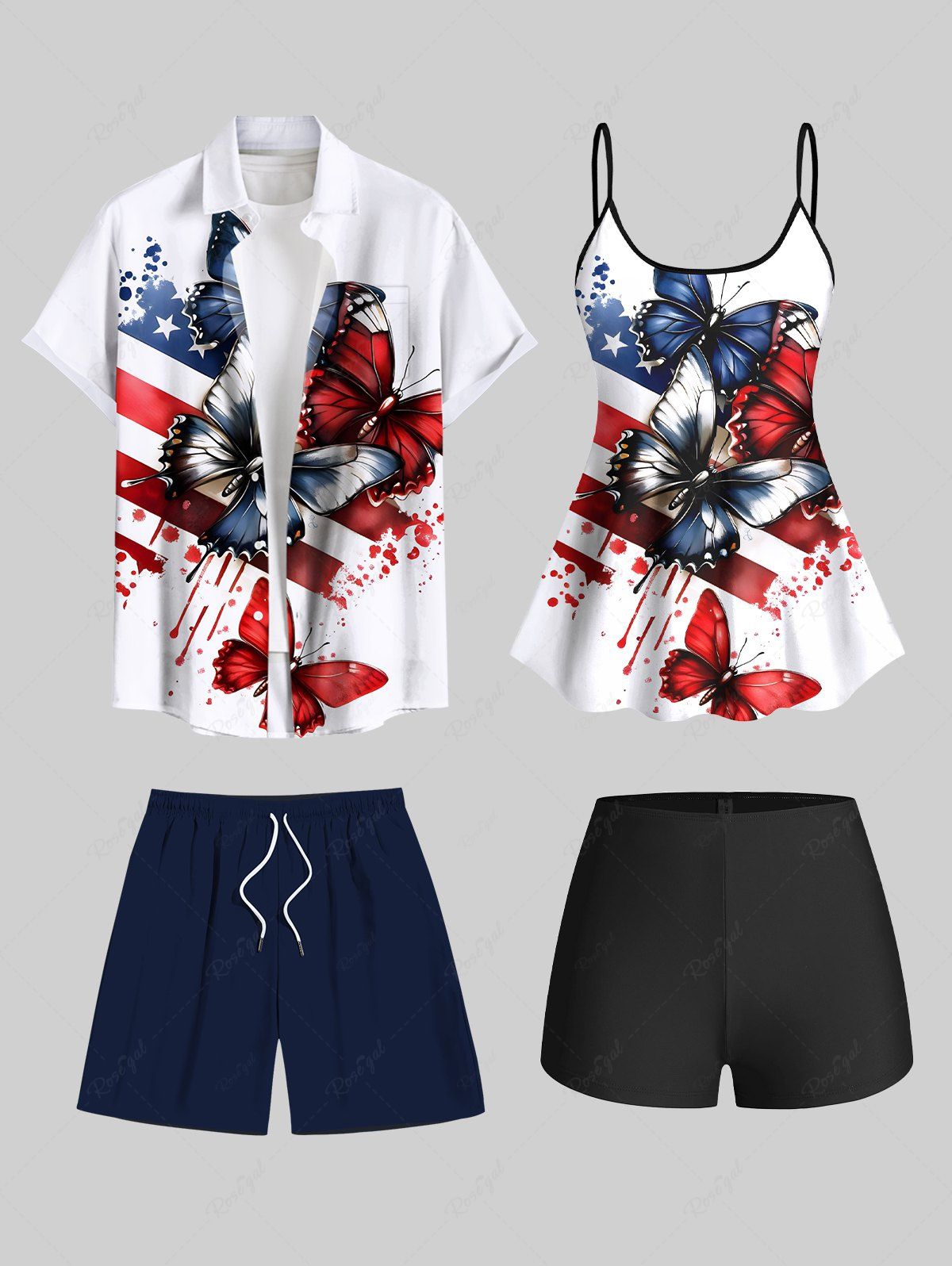 Chic Painting Splatter Patriotic American Flag Butterfly Print Shirt Swimsuit Plus Size Matching Outfit For Couples  