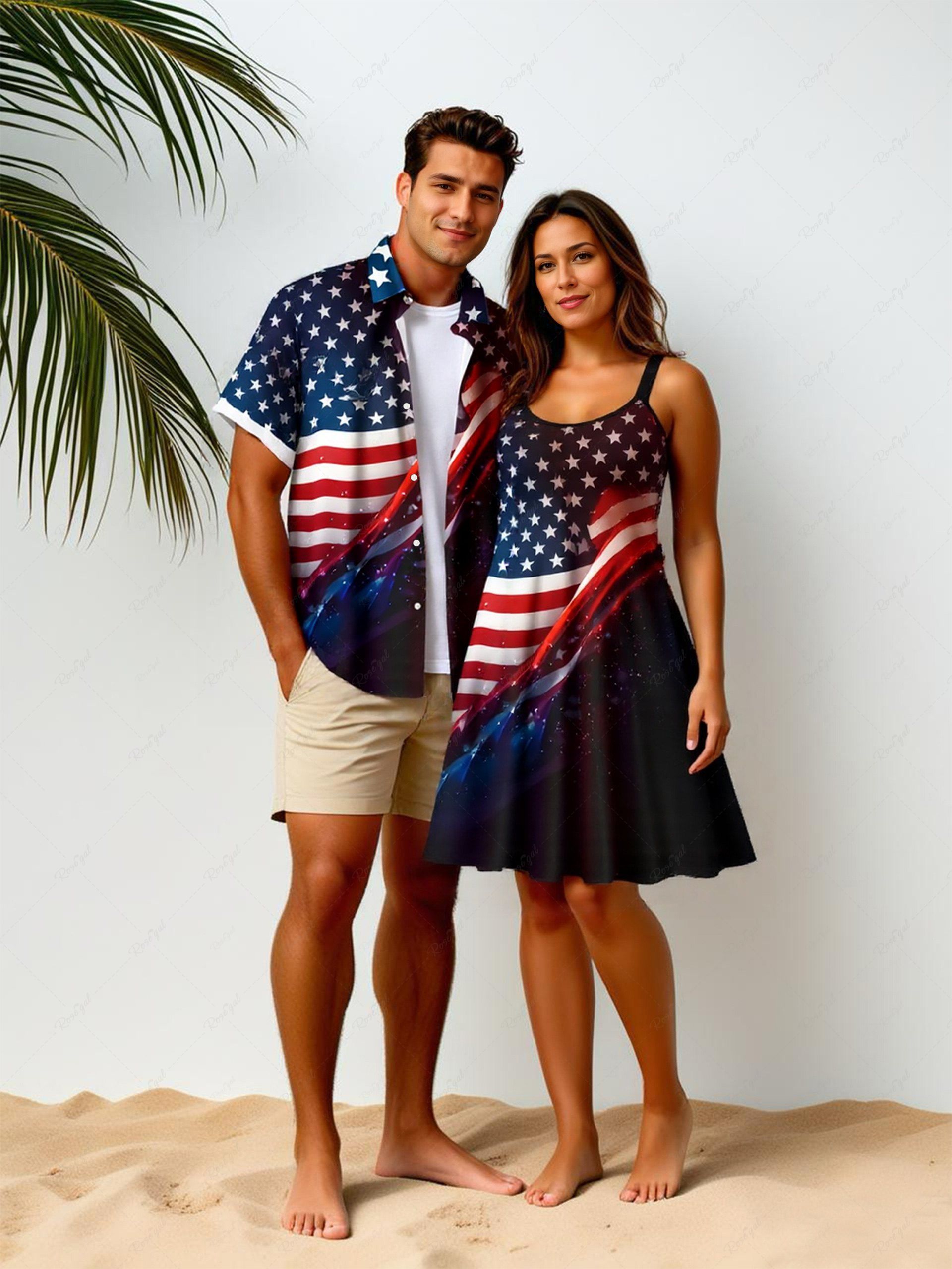 Store Patriotic American Flag Galaxy Print Plus Size Matching Outfit For Couples  