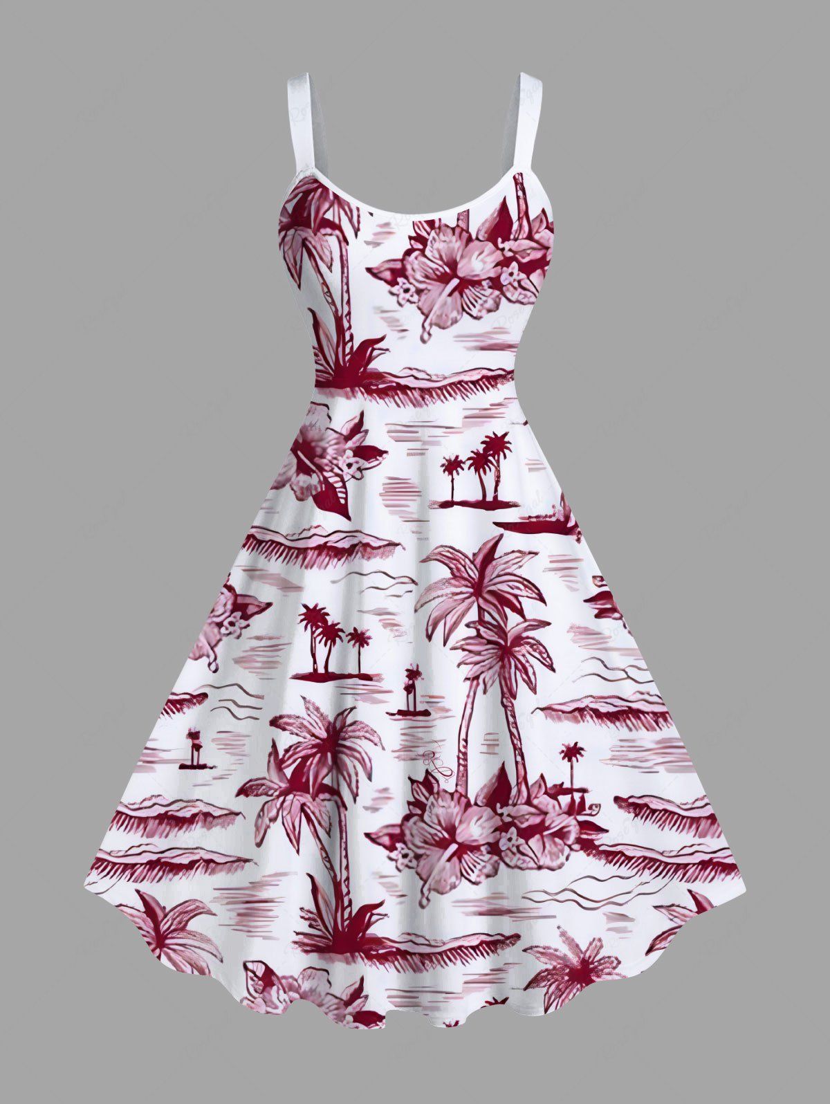 Hot Plus Size Coconut Tree Hibiscus Flower Sea Print Hawaii A Line Tank Dress  