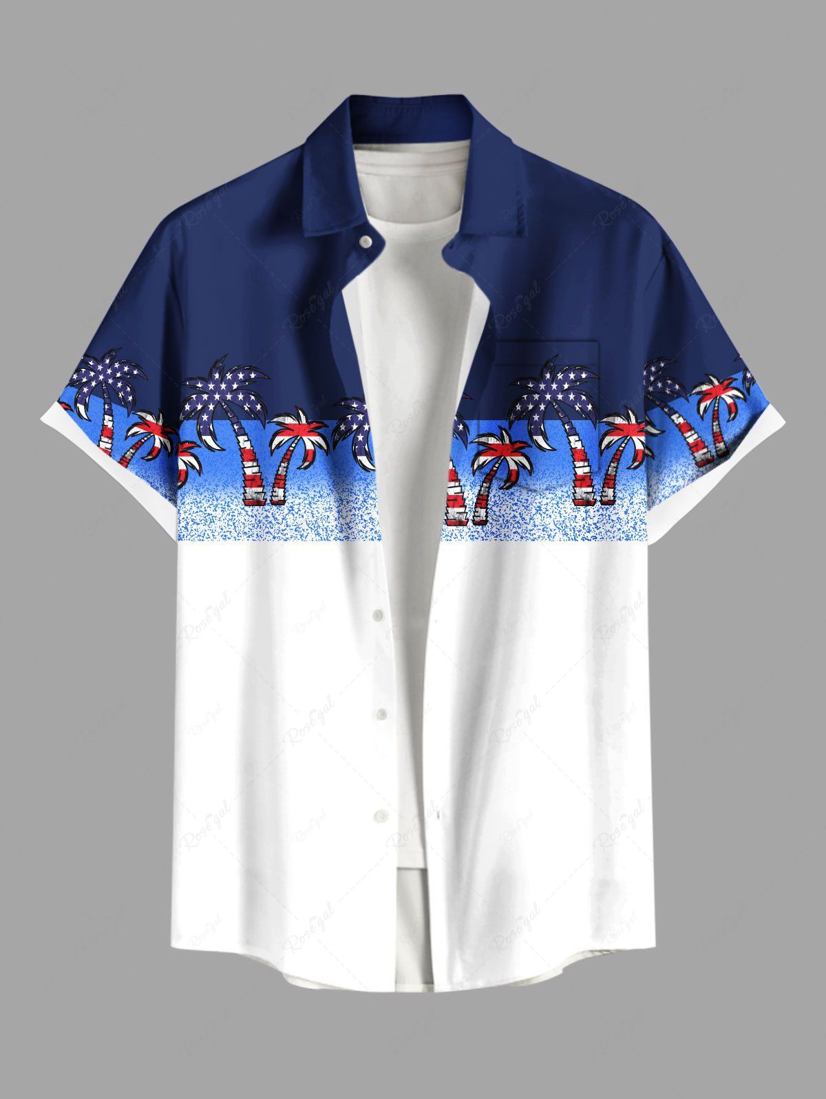 Chemise grande taille à imprimé patriotique, drapeau américain, cocotier, contraste colorblock, hawaïen, boutonnée et poche pour homme Bleu 5XL