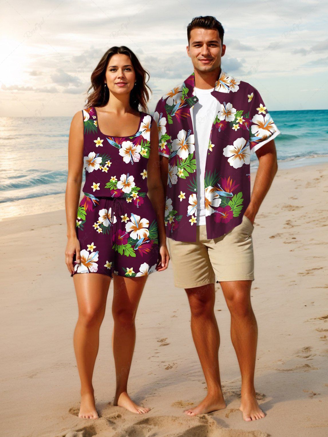 Ensemble chemise et barboteuse hawaïennes assorties, grande taille, imprimé feuilles tropicales et hibiscus, pour couples Rouge foncé 