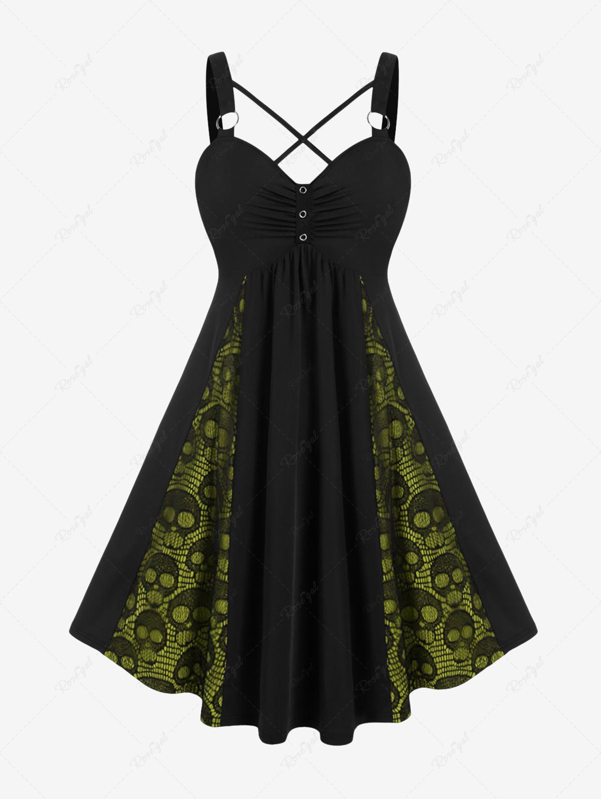 Robe grande taille à empiècements en résille et tête de mort, froncée et croisée, avec boucle en O Vert clair L | US 12
