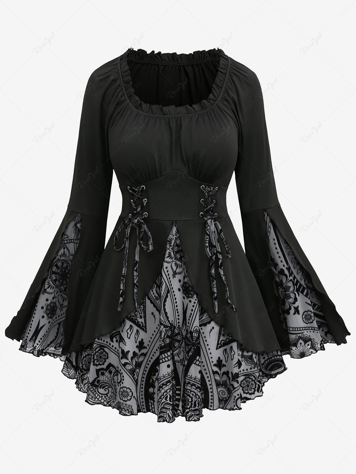 Hot Gothic Plus Size Floral Figure Print Lace Up Ruched Ruffles Bell Sleeves Tops  
