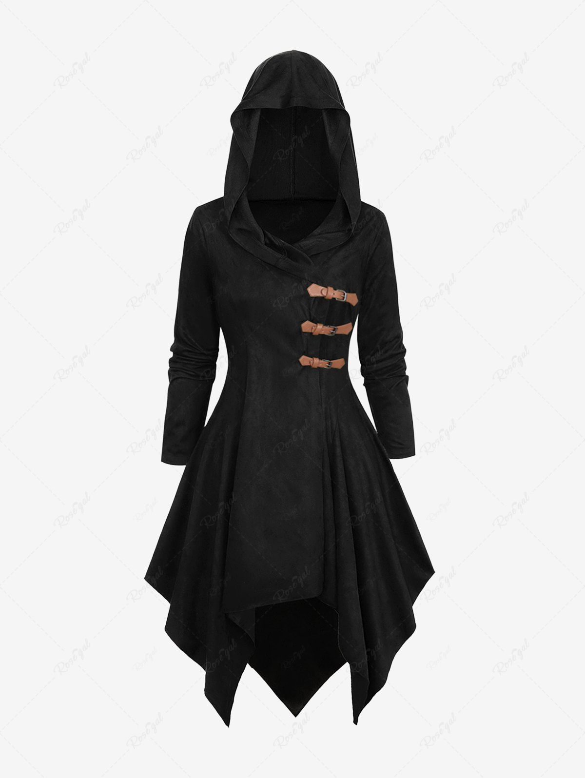 Shop Plus Size PU Buckle Long Sleeves Hooded Handkerchief Coat  