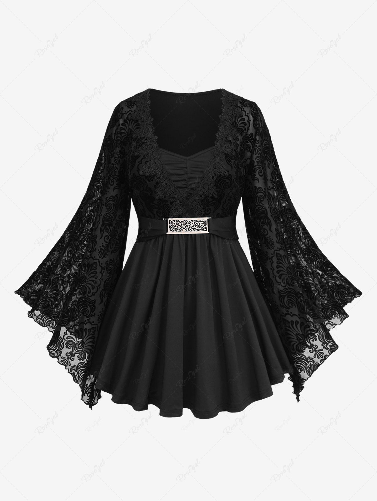 T-shirt grande taille à manches évasées et appliqués en dentelle, boucle froncée et maille florale Multi 4X | US 26-28