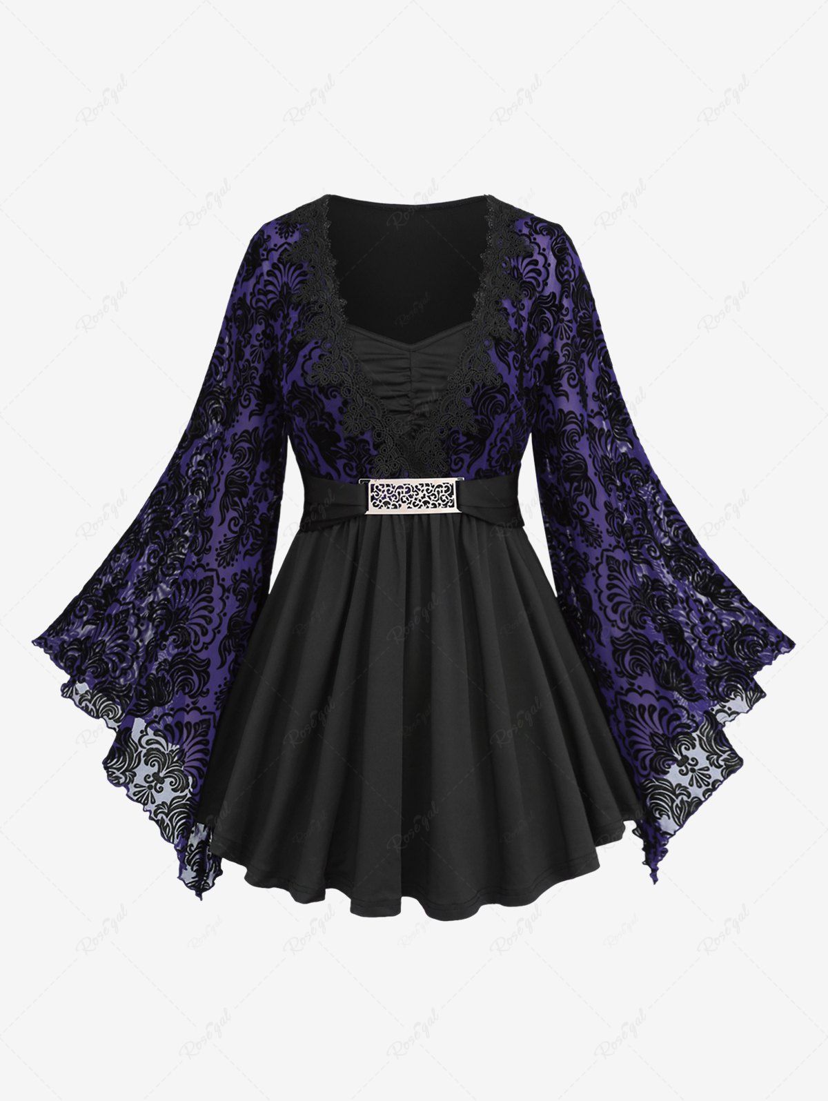 T-shirt grande taille à manches évasées et appliqués en dentelle, boucle froncée et maille florale Pourpre  2X | US 18-20