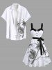Robe hawaïenne grande taille à imprimé cocotiers et paysage marin, boutons, col rabattu et ceinture - Blanc 3X