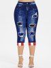 Plus Size 3D Ripped Denim Patriotic American Flag Print Capri Leggings -  