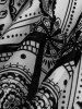 Gothic Plus Size Floral Figure Print Lace Up Ruched Ruffles Bell Sleeves Tops -  
