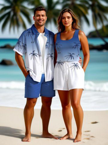 Matching Hawaii Shirt and Romper Plus Size Beach Outfit Coconut Tree Ombre Colorblock Printed for Couples