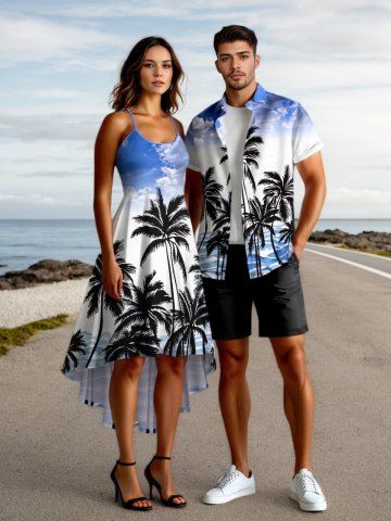 Coconut Tree Sea Waves Cloud Print Plus Size Matching Hawaii Beach Outfit For Couples - SKY BLUE