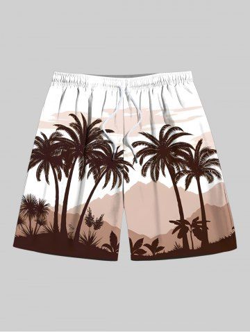 Plus Size Coconut Tree Mountain Print Hawaii Drawstring Beach Shorts For Men