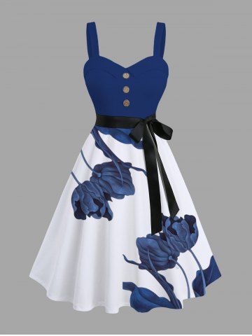 Plus Size Floral Leaves Branch Print Hawaii Button A Line Tank Dress with Removable Belt