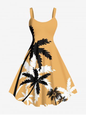 Plus Size Two Tone Coconut Tree Print Hawaii A Line Tank Dress - DEEP YELLOW - XXS