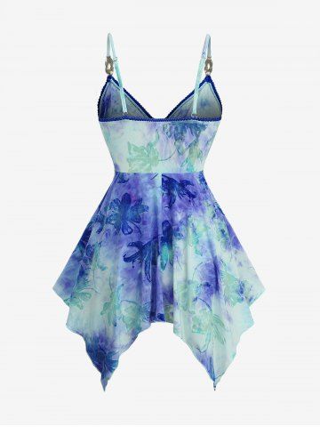 Tie Dye Graphic Flower Flocking Surplice Handkerchief Top and Distressed Ombre Denim Print Leggings Plus Size Outfit