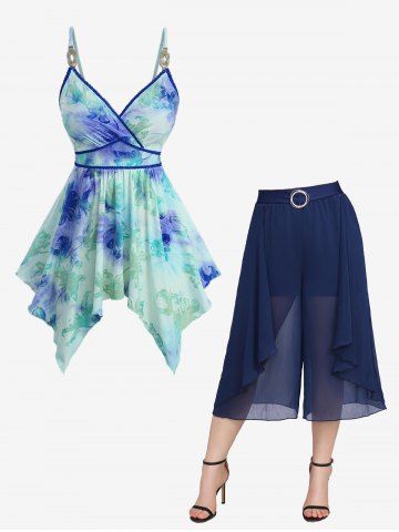 Tie Dye Print Floral Flocking Surplice Handkerchief Top and Chiffon Textured Layered Ruffles Culottes Pants Plus Size Outfit