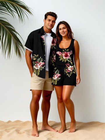 Matching Hawaii Shirt and Romper Plus Size Beach Outfit Tropical Leaf Hibiscus Printed for Couples
