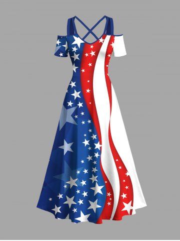 Plus Size Patriotic American Flag Print Cold Shoulder Crisscross Maxi Dress - BLUE - M