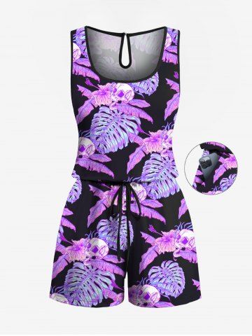 Plus Size Tropical Leaf Hibiscus Flower Skulls Print Cinched Hawaii Romper - BLACK - L
