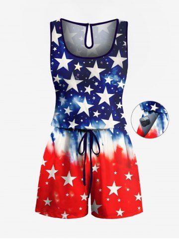 Plus Size Patriotic American Flag Tie Dye Print Cinched Romper - BLUE - 6X