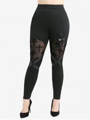 Gothic Lace Up Cold Shoulder Asymmetrical Blouse and Flocking Mesh Leggings Plus Size Outfit