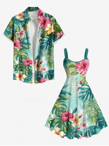 Tropical Leaf Hibiscus Flowers Print Plus Size Matching Hawaii Beach Outfit For Couples