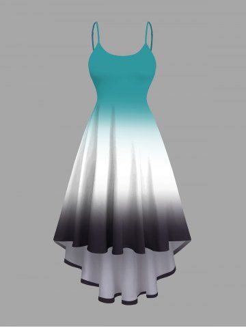Plus Size Ombre Colorblock Print High Low Cami Dress - GREEN - 1X